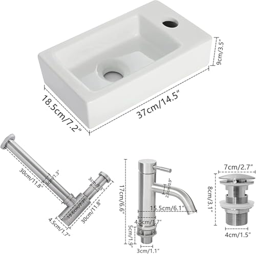 aufsatzbecken klein Hänge- oder Aufsatz Waschbecken Gäste WC Weiß 370x 185x 90mm+ hohe Armatur aufsatzbecken klein mini Handwaschbecken Rechts