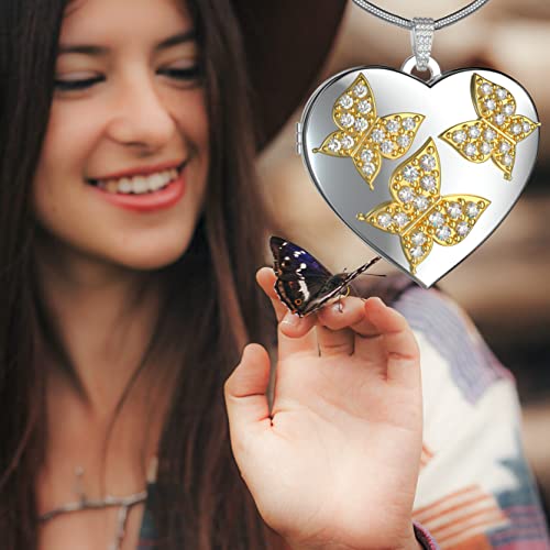 Fanery Sue Butterfly Locket Necklace With Picture Inside, Forever In My Heart Locket That Holds 2 Photos Personalized Heart Lockets Pendant Jewelry Memorial Necklace For Women Girls #TOP1