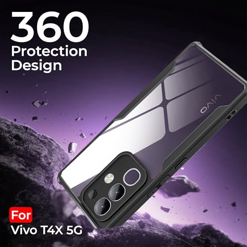 Image of A rtistque Clear Hard Transparent Back Case Cover for Vivo T4x 5G / iQoo Z10x 5G | Stylish Ring Holder & Inbuilt Stand | Shockproof TPU Protective Design | 360 Degree | Vivo T4x 5G Back Cover - Black