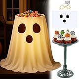 Fanfanwin Halloween Ghost Lighted Decorations Outdoor Indoor, Cute Ghost Candy Bowl Stand Large, Outdoor Pedestal Bird Bath Vintage, for Front Porch Garden Yard Kitchen