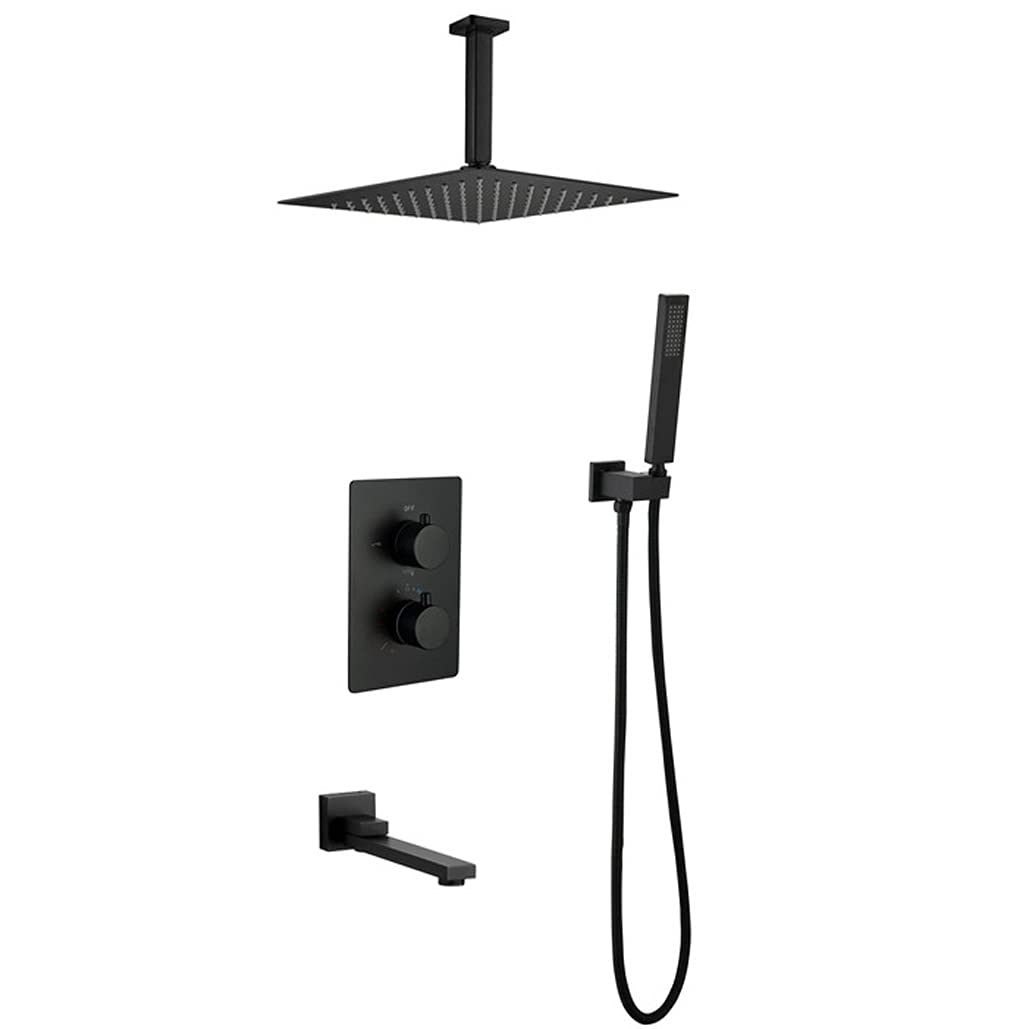 OZBMA Shower Set Black Thermostatic Concealed Bathroom Rain Mixer System with 10-12 Inch Square Rainfall Head and Tub Taps Ceiling Mounted Luxury Set,12