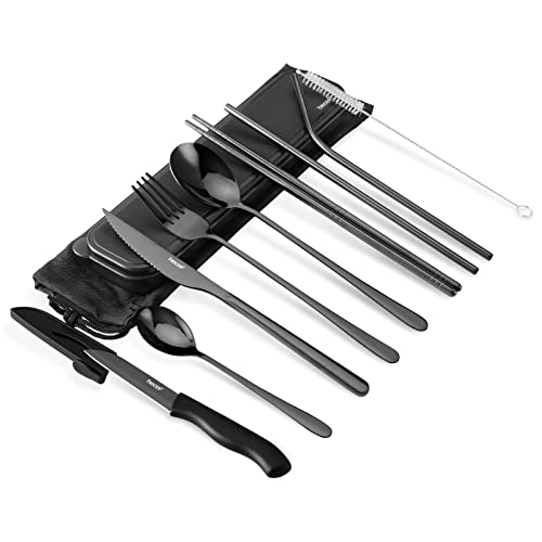 hecef Couvert de Camping, Set Couverts de Table 10 pièces avec Boite a Couvert Pique Nique, Réutilisables Acier Inoxydable, Couverts lunch box pour Voyage,...