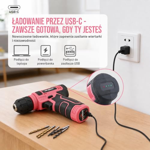 Hi-Spec Różowy Zestaw Narzędzi z Wiertarko-Wkrętarką Akumulatorową 8V USB – Bezprzewodowy Elektrowkrętak dla Kobiet, Zestaw DIY do Domu, Kompaktowa Walizka