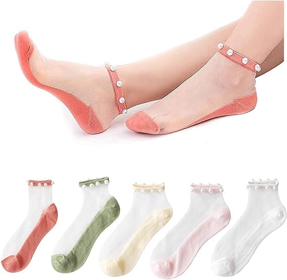 Women Ankle Socks for Summer Transparent Socks with Pearl Decor Ultra Thin_Multicolour,Pack of 05