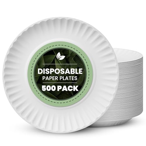 Vivo Technologies 500-Pack of 7-inch Disposable Paper Plates 18cm White 100% Compostable Biodegradable Party Paper Plate Perfect for Everyday use, Ideal for BBQ's, Parties and Events
