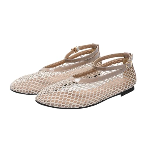 Women's Mesh Ballet Flats Mary Jane Fishnet Flat Shoes Breathable Metal Buckle Ballet Flats Causal Dress Shoes