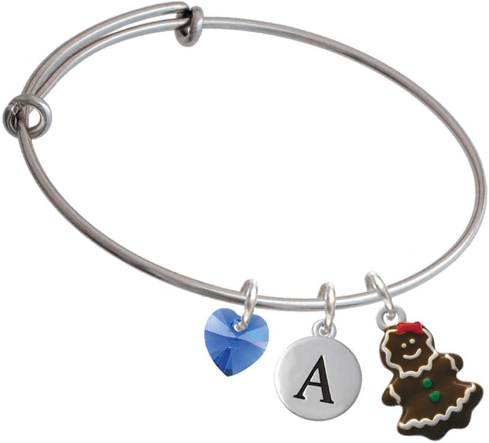 Delight Jewelry Enamel Gingerbread Cookie Girl - Crystal Heart and Pebble Initial Custom Charm Bangle Bracelet