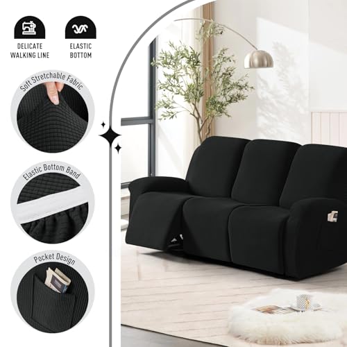 Image of TAOCOCO Recliner Sofa Covers 8-Pieces Stretch Large Couch Covers for 3 Seats Reclining Slipcovers Soft Jacquard Pattern Furniture Protector (Black)