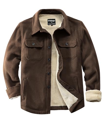 Men's Polar Fleece Warm Sherpa Lined Shirt Jacket for Men Thick Button Down Jacket with Multi Pockets