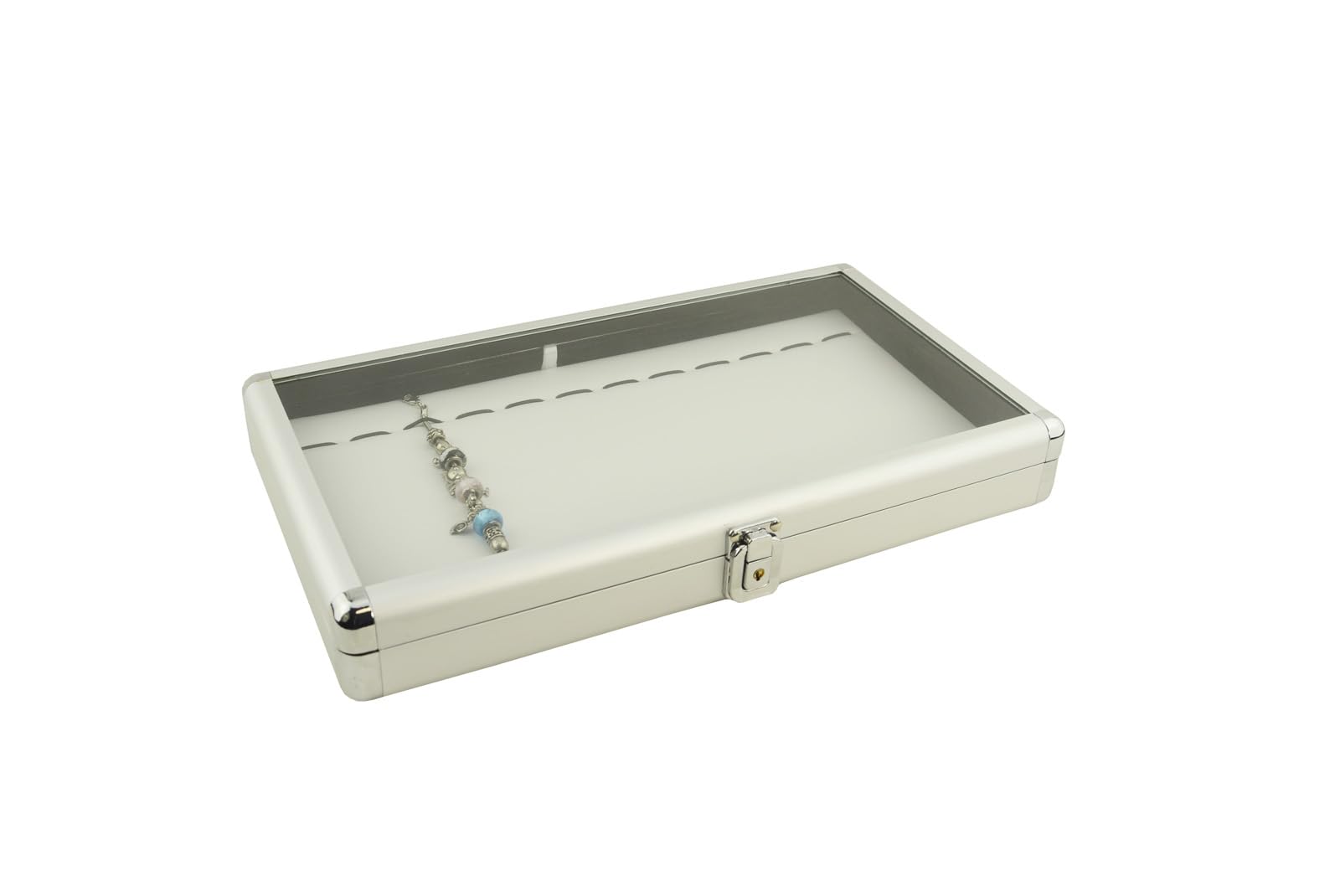 Box Displays Aluminiowa szklana pokrywa gablota, zamek i organizer do przechowywania kluczy, z możliwością wyboru wkładki ekspozycyjnej na biżuterię (etui z 12 przeszytymi sznurkami bransoletka