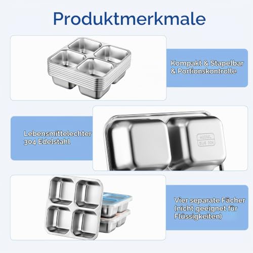 Misichao Edelstahl Snackbox mit 4 Fächern, 400ML Snackdose Kinder, Brotdose Erwachsene, Lunchbox Spülmaschinenfest BPA-Frei (Grau x 4) – Ansicht 3