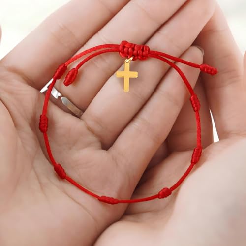 String Bracelet for Women & Men – Kabbalah Protection Jewelry with 7 Knots and Christian Cross Design, Adjustable Spiritual Gift, Friendship Wristband for Good Luck (Pulsera Roja para Mujer)4