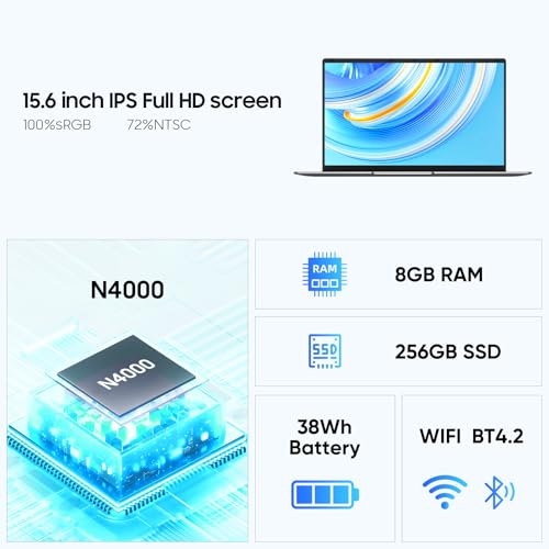 EYY 15.6" Laptop Computer, Win 11 Laptops with 8GB RAM 256GB SSD, 100% sRGB Screen, Celeron N4000 Processor(up to 2.6GHz) Notebook, Dual Band WiFi丨BT 4.2丨HDMI丨5000mAh Battery - Image 3