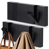 Xaajooio 2 Pack Modern Waterproof Black Wall Hooks, Foldable Heavy Duty Towel Coat Hooks for Bathroom Kitchen Balcony, Space Saving Hideaway Design with Free Perforated Installation