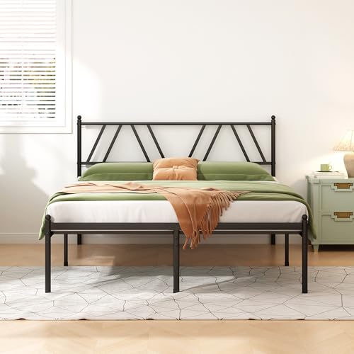 Kujielan Metal Platform Bed Frame with Headboard, 14 Inches Queen Bed, No Box Spring Needed, Steel Slat Support, Black, Easy Assembly