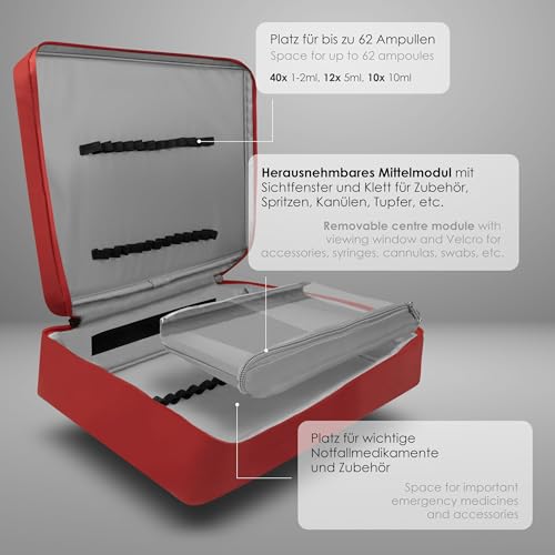 Pulox Medizinisches Ampullarium (leer) - Große, stabile Ampullentasche für Medikamente und Fläschchen - Für bis zu 62 Ampullen (35 x 25 x 10 cm)