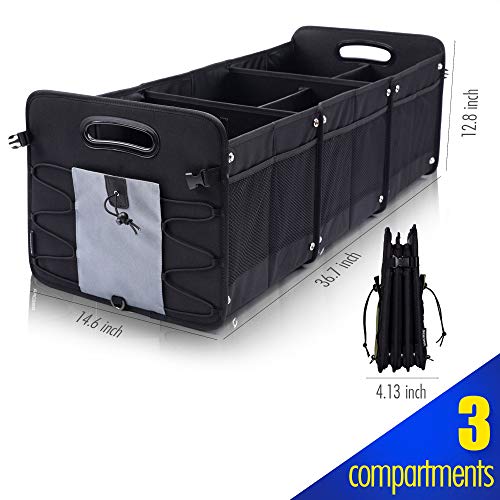 GEEDAR Large Trunk Organizer Car Organizers and Storage for SUV 3 Compartments Collapsible Portable Non-Slip Bottom Tie Down Straps (Gray)