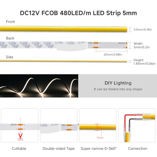 Image of BTF-LIGHTING FCOB Thin 5mm Width COB LED Strip, UL Listed Warm White 2700K Narrow Uniform Light, 16.4FT DC12V CRI 90+ Flexible LED Tape Light for Home Indoor DIY Lighting(No Adapter or Controller)