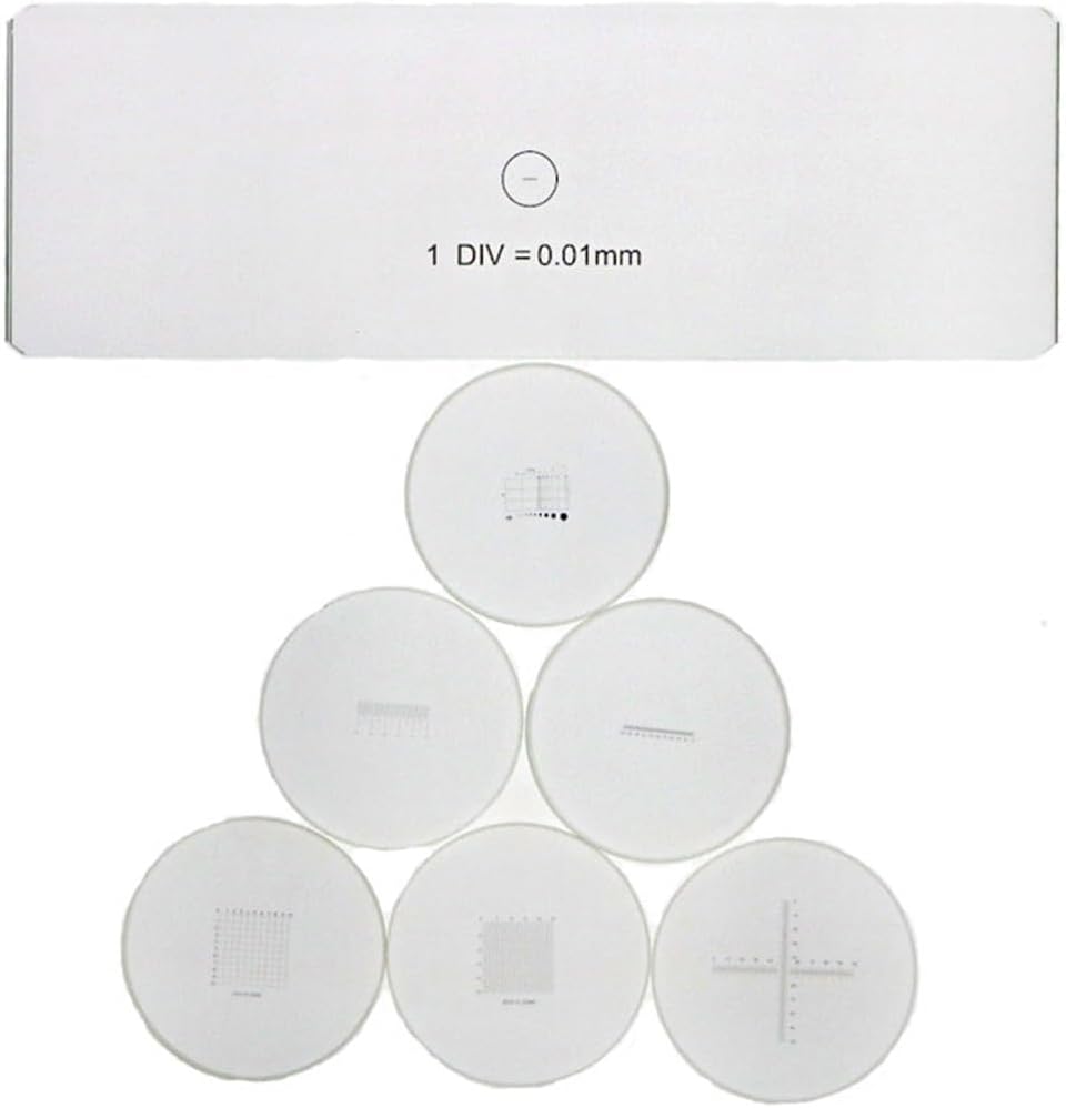 Microscope Stage Calibration Slide, Eyepiece Micrometer, Microscope Eyepiece Graticules, Ocular Micrometer, Cross Line Reticle (Set of 7)
