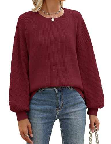 Lonya Jersey Mujer Invierno Elegante Redondo Sueter Casual Manga Larga Jerséis Punto Ropa Sweater Blusas Tops Borgoña,M