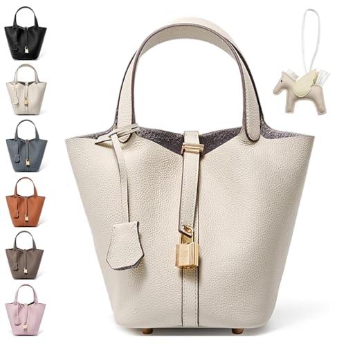 Genuine Leather Bucket Bags for Women, Leather Bucket Bags, Lock Design Top-handle Purses Shoulder Handbag