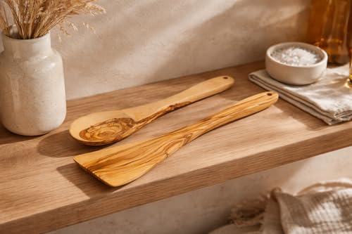 Zuluf Olive Wood Spoon And Spatula Set 10 Inch, Handcrafted Wooden Cooking Utensils From Bethlehem, Natural Smooth Grain Kitchen Tools, Durable Easy Grip Design, 2 Piece Set - Image 6