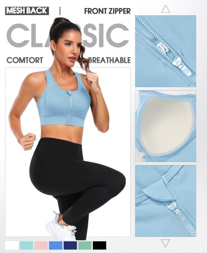 Image of JoyGirl Zip Front Sports Bra Mesh Racerback High Impact Workout Bra | Mesh Racerback, Sewn-in Pads, High Support Gym Yoga Bra, Compression