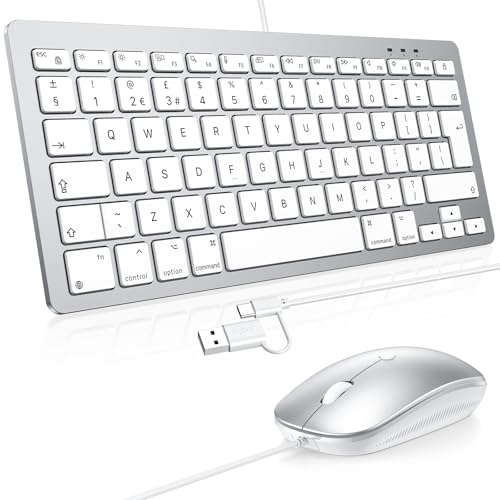 OMOTON Wired Keyboard and Mouse Combo for Mac USB/Type-C Dual Interface Wired Keyboard Mouse for Apple Mac Pro/Mini iMac MacBook Pro/Air QWERTY UK Layout Silver