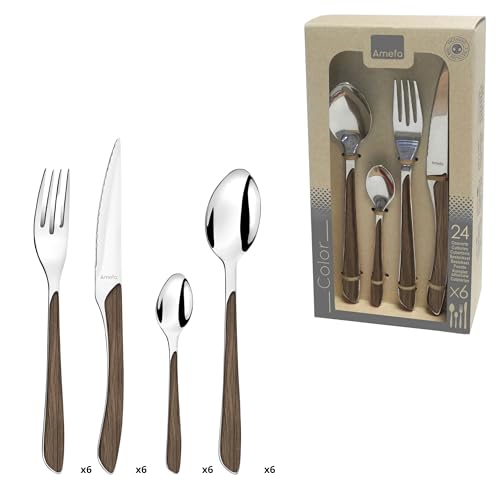 Amefa ECLAT Besteck Set NATURE dunkles Holz Essbesteck 24-teilig für 6 Personen Edelstahl rostfrei Kunststoff-Griffschalen in Holzoptik...