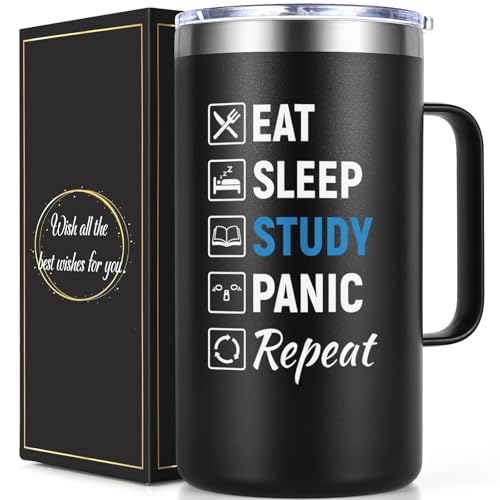 Lifecapido College Students Gifts, Eat Sleep Study Panic Reapt 20 Oz Insulated Coffee Mug with Lid & Straw, Christmas Birthday Gifts for Daughter Son Male College Students(Black)