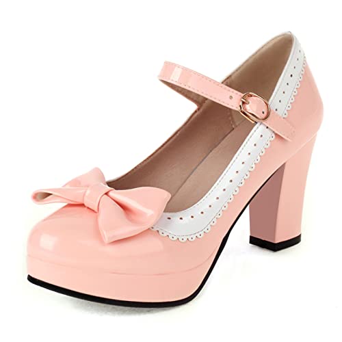 Image of Women Bow Mary Janes Platform Block High Heels Kawaii Shoes Dress Pumps Pink