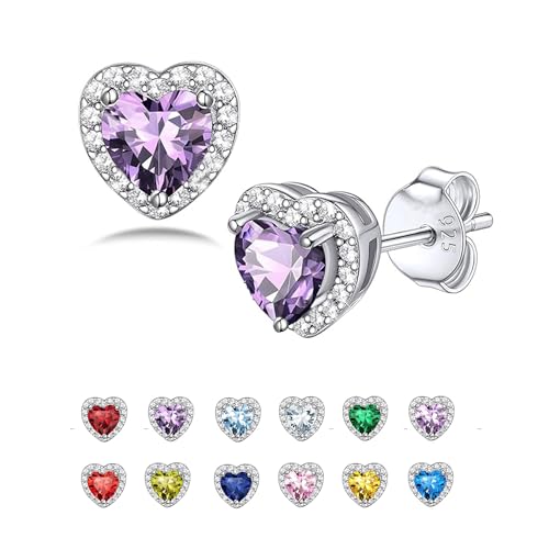 Seleneva Pendientes de tuerca de plata de ley con piedra natal para mujer, delicados aretes de circonita de cristal, aretes de tuerca para cumpleaños, Navidad, día de San Valentín, regalos para mamá,