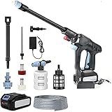 💦【Abundantes accesorios】 Limpiador a Presión Eléctrico X1, batería de 21V 2.0Ah X1, cargador X1, lanza de rociado 6 en 1 X1, lanza de rociado de 0 ° X1, lanza de rociado de 40 ° X1, boquilla con recipiente de detergente X1, manguera de 20 pies X1, Varilla de extensión negra X1, Recipiente de espuma X1, Conexión de agua X1, Conector de botella de Coca-Cola X1, Manual de usuario X1.