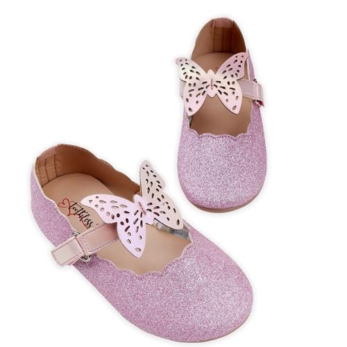 toothless Kids Girls Glitter Ballet Flats | Butterfly Embellished Belly Flats | Comfortable Footwear for Festive Occasions, Weddings & Dressy Events Pink - (2-2.5 Years)