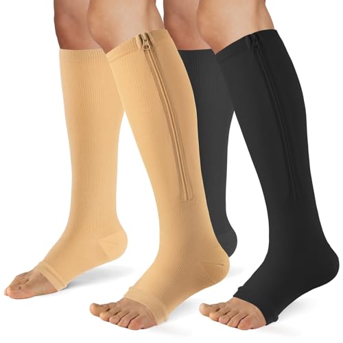 FOFLORA Zipper Compression Socks for Women & Men 2 Pairs，15-20mmhg Open Toe Compression Stockings for Nurse and Long Standing Crowd