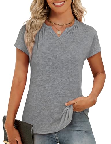Crewhpo T Shirt for Women UK Ladies Summer T-Shirts Short Sleeve V Neck Basic Tee Tops Casual Fitted Tunic Blouse Solid Color Tshirts Grey