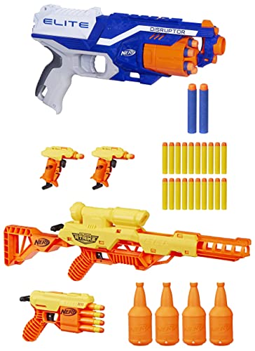 Image of Nerf Disruptor Elite Blaster 6-Dart Rotating Drum, Includes 6 Official Elite Darts - Multicolor & Alpha Strike Battalion Set - Includes 4 Blasters, 4 Half-Targets, and 25 Official Elite Darts
