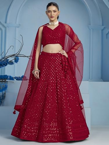 Image of Zeel Clothing Women's Sequins Thread Embroidered Georgette Lehenga Choli With Dupatta (5124-Women-Lehenga-Choli-New; Free size)
