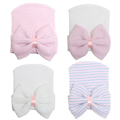 Image of DRESHOW BQUBO 4 Pack Newborn Hospital Hat Infant Baby Hat Cap with Big Bow Soft Cute Knot Nursery Beanie