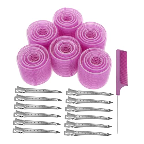 PartyKindom 1 Set Jumbo Self Grip Hair Rollers Set with Rollers Clips Versatile Curling for Long Medium Short Thick Fine Hair Effortless Bangs Styling Deep Purple