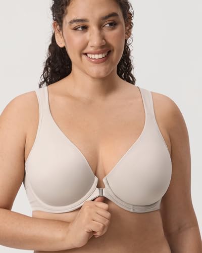 Image of DELIMIRA Women's Front Closure Bras Posture Full Coverage Plus Size Underwire Unlined Back Support Plunge Seamless Bra B-H