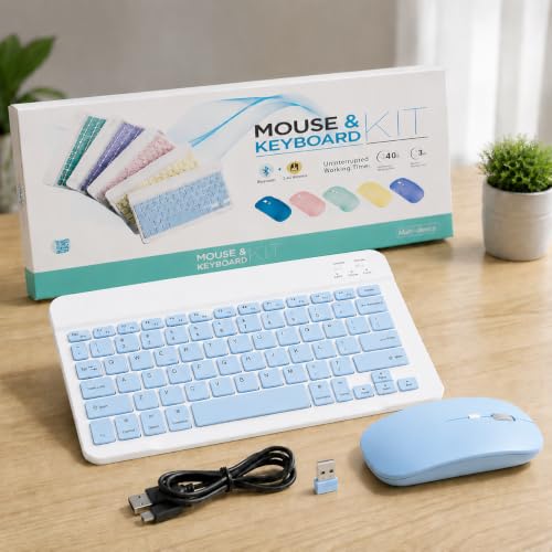 Image of Wireless Bluetooth Keyboard and Mouse Combo, Rechargeable Slim Multi-Device Keyboard with Bluetooth, Mouse with Bluetooth & 2.4G USB Receiver. (Sky Blue)