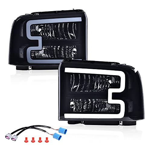 Image of GRAND ORANGE LED Pair Headlights Assembly W /Harness, Compatible with Ford F250 F350 F450 F550 2005 2006 2007, Fit Ford Excursion 2005, Smoky Lens Black Housing Clear Reflector, faros delanteros