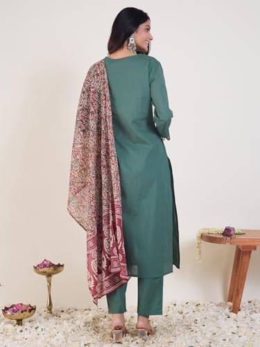 Image of INDO ERA Women's Silk Blend Ethnic Motifs Embroidered Straight Kurta & Pant with Dupatta Set (IESTR12341)