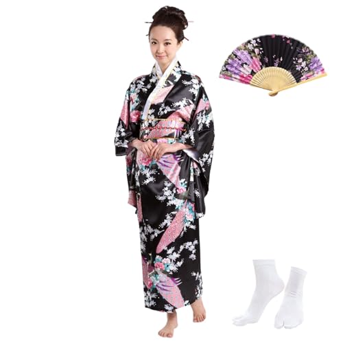 Kimono Japones Mujer Yukata,Bata de Raso Disfraz Geisha,Cosplay Costume para Fiesta,con Abanico y Calcetines Tabi,Ideal para Eventos Temáticos,Look Festivo,Estilo A-Negro-Talla S,Menos de 55kg
