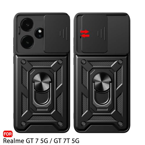 Image of TheGiftKart Tough Armor Bumper Back Cover Case for Realme GT 7 5G / GT 7T 5G / GT 7 Dream Edition | Sliding Camera Cover, Kickstand & Ring Holder | 360 Protection Back Cover Case (PC & TPU, Black)