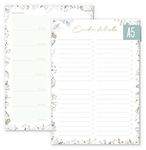 paper&you® Einkaufsliste Block A5 'Blattgold' 50 Blatt - Einkaufszettel Notizblock inkl. Essensplaner für die ganze Woche auf der Rückseite - nachhaltig & klimafreundlich