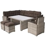 Ragnarök-Möbeldesign hohe Dining Lounge - DEUTSCHE Hersteller PolyRattan Gartenmöbel Weißes GlasZwei hellbraune Halbkreissofas braune Kissen
