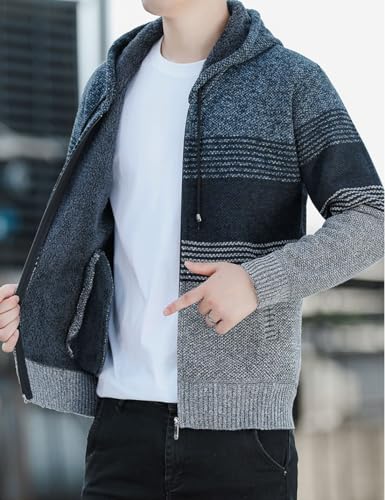 Image of Kinkia Men's Zip Up Hoodies Casual Long Sleeve Full Zipper Sherpa Fleece Lined Knit Cardigan Sweater Jacket with Pockets