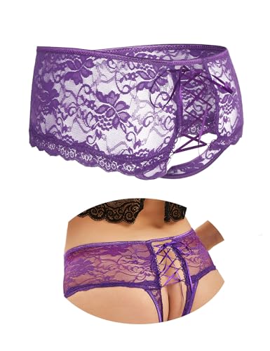 ohyeahlady Grande Taille String Ouvert Femme Sexy Chic Hot Culotte Dentelle Brésilien Strings et Tangas Tenue Hot sous-vêtement(3XL-4XL,Violet B)